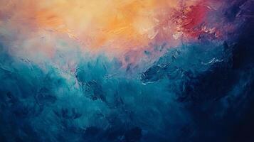 Abstract painting blending warm hues of orange and red with cool blues, creating a dynamic contrast and depth. Evokes ocean and sunset. photo