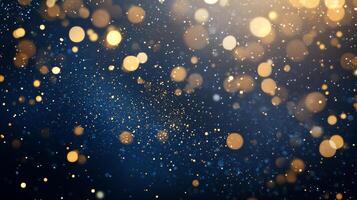 Abstract display of golden bokeh lights scattered across a deep blue background, creating a magical and ethereal ambiance. photo