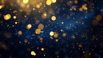 Ethereal golden bokeh and glittering specks dance across a deep blue canvas, creating a magical and dreamy atmosphere, perfect for any occasion. photo