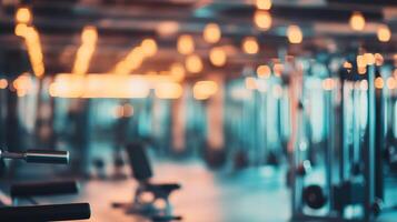 A blurred view of fitness equipment in a gym, featuring orange lighting creating a warm atmosphere and creating a dynamic yet indistinct scene. photo