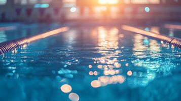 Tranquil turquoise swimming pool with lane lines reflecting soft lights, creating a serene and inviting aquatic environment. photo