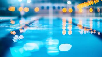 Abstract underwater view of a swimming pool with reflections of lights, creating a tranquil and inviting atmosphere. photo