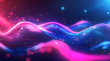 Vibrant abstract waveform composed of light particles. Dynamic flow of blue and magenta hues. Futuristic, tech-inspired design. photo