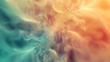 Abstract nebula with a teal and peach color gradient forming a dreamy, swirling pattern with a sparkling focal point in the center. photo