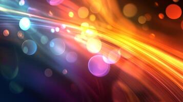 A vibrant and dynamic abstract background with blurred lines and bokeh circles of various colors creating a sense of movement and energy. photo