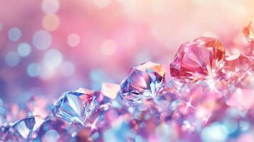 Close-up of sparkling gemstones with iridescent facets, creating a dazzling display of light and color in a soft, dreamy setting. photo