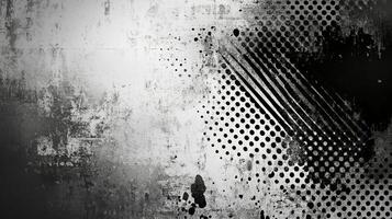 Grungy silver surface with speckled halftone pattern. Distressed texture with scattered specks and bold diagonal lines. photo