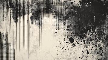 Abstract art with textured patterns and a monochrome palette featuring lines, dots, and splatters on a distressed surface. photo