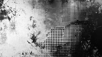 Monochrome abstract with textured patterns and halftone effects creating a visually complex and striking graphic design backdrop. photo