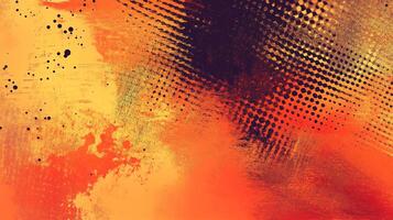 Abstract artwork features bold orange tones blended with textural elements and halftone patterns, creating a dynamic visual experience. photo