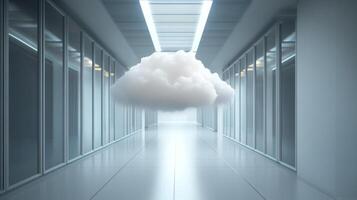 A fluffy white cloud floats in a stark, bright hallway lined with glass-walled rooms, evoking concepts of data and the digital world. photo
