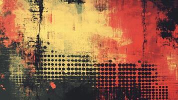 Abstract expressionism in a vibrant mix of black halftone dots, yellow and red colors creating a grunge textured painting. photo