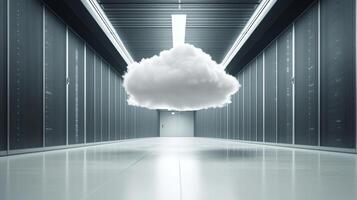 A cloud hovers in a server room, symbolizing cloud computing and data storage within a modern and secure environment. photo