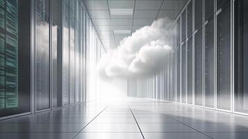 Conceptual data center with a cloud in the corridor. The cloud represents server infrastructure and cloud services. photo