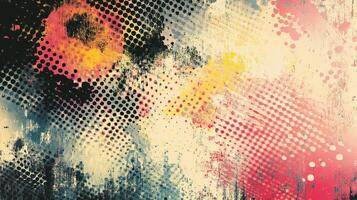 Vibrant abstract art with halftone dots and a colorful, textured surface, blending dynamic energy with a touch of vintage charm. photo
