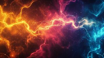 Abstract image of swirling energy, resembling lightning strikes, with contrasting warm and cool color palettes merging dynamically. photo