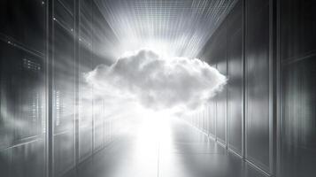 Abstract server room hallway with cloud. Digital data storage, processing, and cloud computing. Modern design. Technology concept. photo