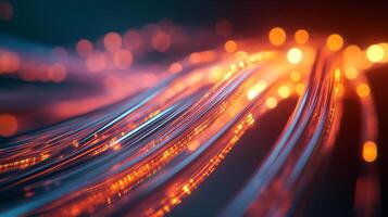 Abstract depiction of glowing fiber optic cables against a dark background, conveying speed and data transfer. photo