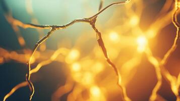 Abstract representation of neural networks. Golden, neuron-like structures glow brightly, suggesting connectivity, data, and advancement. photo