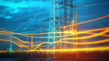 Electric grid towers and power lines against a blue sky, with energy flowing along the lines, connecting power to homes and businesses. photo