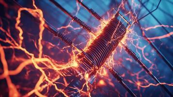 High voltage electrical coil with sparking current. Energy flows through metal wires on a vibrant blue background. Power generation concept. photo