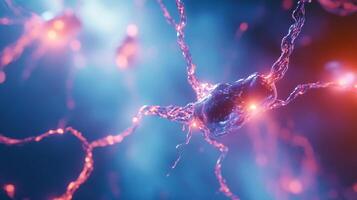 Close-up view of illuminated neuron cells with interconnected extensions showcasing cellular communication and neural network structures. photo
