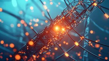 Network infrastructure glows, cables intertwine, transmitting data. A complex web of connections forms, conveying information with speed. photo