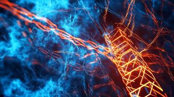 Electric plasma structures create dynamic abstract. Fiery energy threads through glowing blue space, a mesmerizing cosmic network. photo