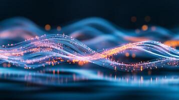 Abstract futuristic background featuring glowing lines of light resembling flowing data or energy, against a dark background with reflections. photo