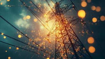 Electricity Pylon against moody sky, with bright light effects, shining through electrical cables and the structure itself. photo