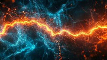 Energetic display of electrical discharges in blue and orange hues, creating a mesmerizing and vibrant scene in the darkness. photo