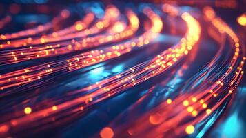 Abstract view of glowing fiber optic cables conveying digital data in an intricate network. Modern technology and high speed communication. photo