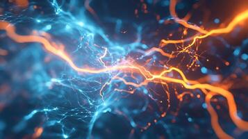 Abstract illustration of glowing orange and blue energy streams merging, creating a dynamic flow. The energy appears interconnected. photo