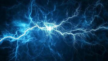 Striking blue lightning illuminating dark sky. Electric energy courses through air, creating dynamic display of power and atmospheric beauty. photo