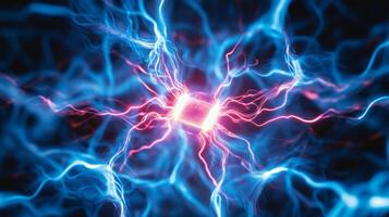 Electronic core glows brightly with swirling red and blue energy flowing around it, symbolizing technology and innovation. photo