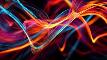 Dynamic streaks of vibrant blue, red, orange, and yellow light intertwine against a dark backdrop, creating a mesmerizing abstract design. photo