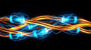 Dynamic image of intertwined blue and orange energy streams pulsating with light against a stark black background. Abstract and captivating. photo