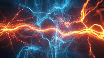 Digital artwork showcases abstract lightning bolts and energy fields in a dramatic display of orange and blue hues, creating a dynamic effect. photo