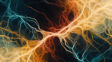 Abstract luminous energy streams in teal, orange and yellow. Interconnected flowing lines evoke networks, power and complex systems. photo