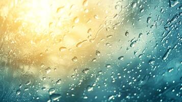 Raindrops cling to the windowpane, blurring the world outside. Sunlight filters through, creating a soft, ethereal glow on a wet surface. photo