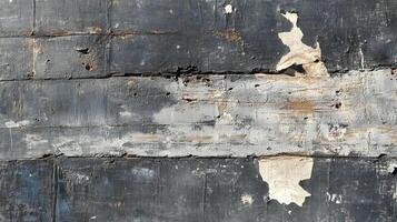 Distressed wall texture reveals layers of grey and black paint with peeling areas and horizontal lines of aging and decay. photo