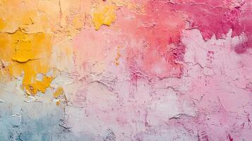 Abstract textured background with gradients of yellow, pink, and blue paint forming a visually appealing and colorful design. photo