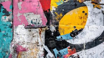 Urban texture of colorful peeling paint and abstract graffiti, showcasing weathered layers on a rough, aged surface, creating visual depth. photo