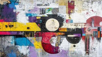 Abstract wall art featuring geometric shapes and bright, contrasting colors, creating a dynamic visual experience. photo