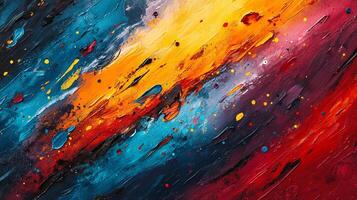 A vibrant abstract painting features bold strokes of blue, yellow, orange, and red, creating a dynamic visual texture and movement. photo