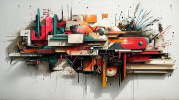 Geometric abstraction with vibrant colors and splatters, showcasing a chaotic yet balanced composition on a neutral background. photo