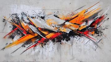 Dynamic abstract painting with bold orange, red, white and black streaks and splatters on a textured gray surface. A modern art expression. photo
