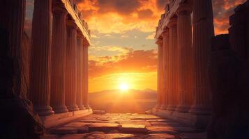Ancient columns frame a radiant sunset, evoking timeless beauty. The stone path leads towards a horizon filled with golden light. photo