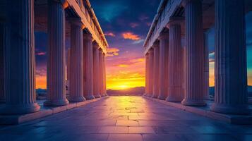 Stately columns frame a vibrant sunset, creating a beautiful composition of classic architecture meeting the colorful sky. photo