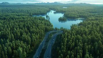 Aerial view of a road winding through a dense forest alongside a serene lake, capturing the harmony of nature and infrastructure. photo